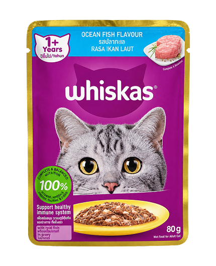 Whiskas Adult Pouch Ocean Fish Flavor Wet Cat Food – 80g